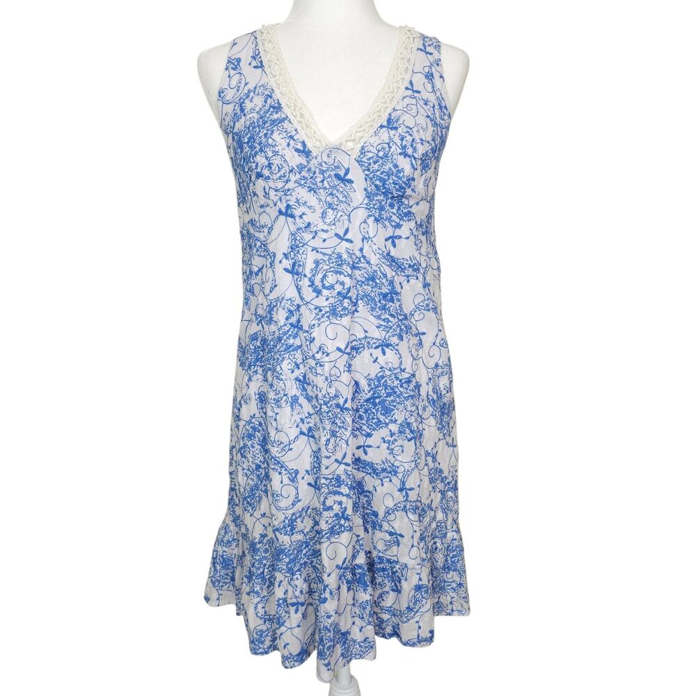 Altar'd State Blue White Crochet Paisley Cotton Jacquard Ruffle Dress XS